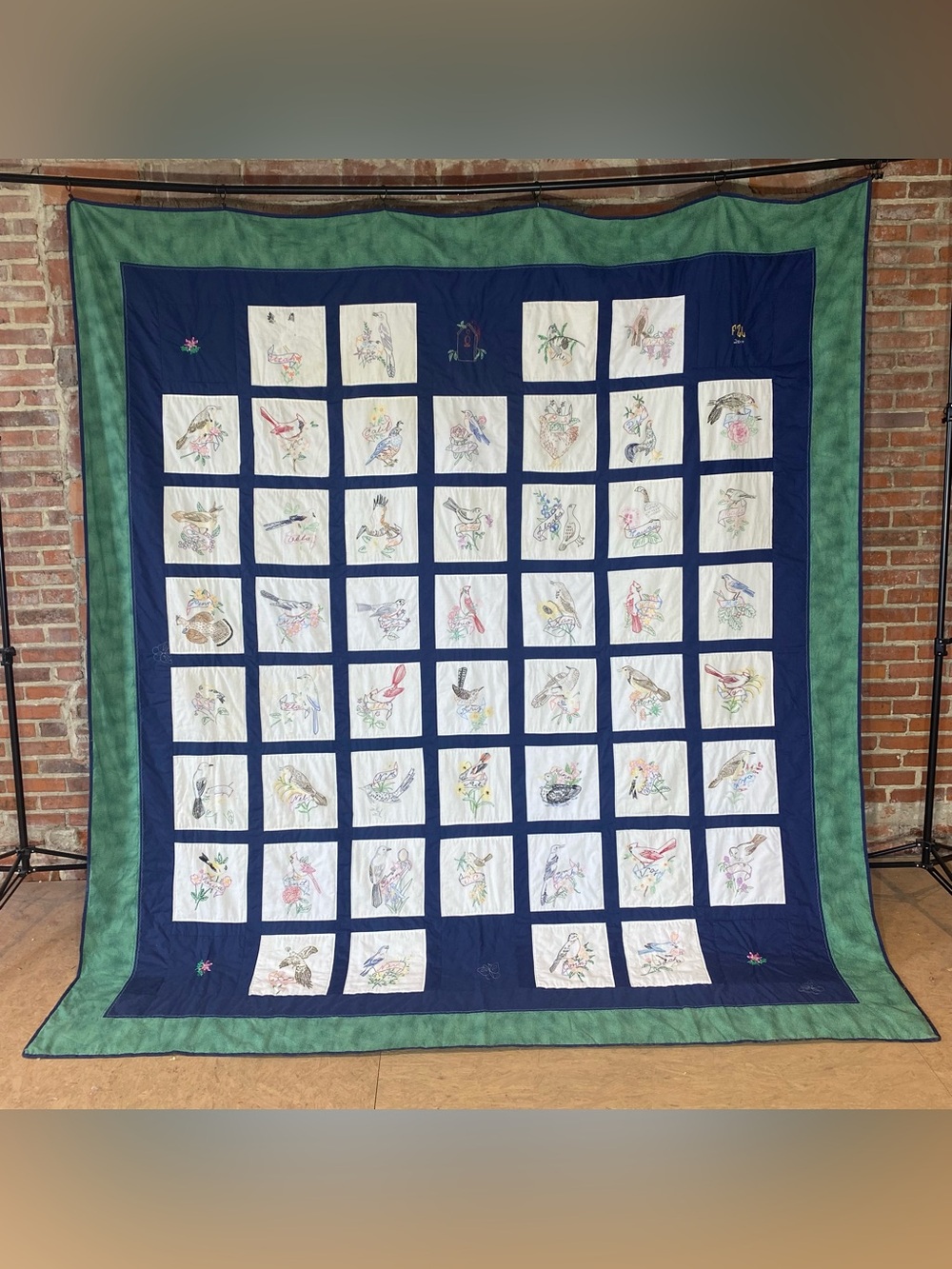 Vintage Embroidered State Bird Blocks Quilt 50 States 96” X 109”